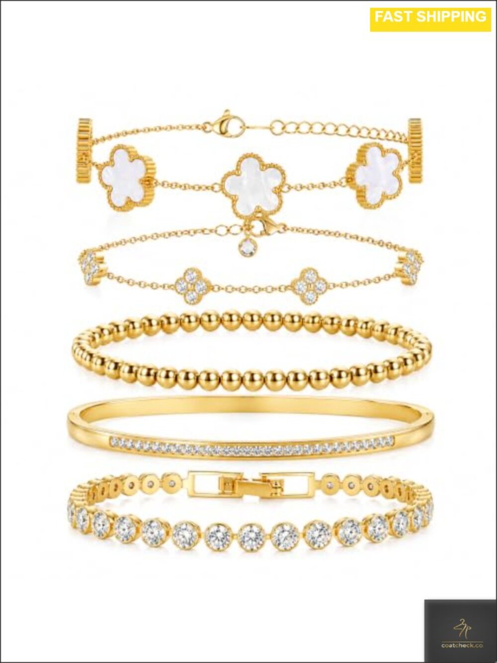 18K Gold Plated Clover Bracelet Set Adjustable Beaded Chain Stackable